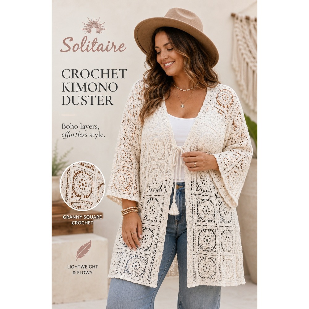 NEW‎ Solitaire Ivory Crochet Kimono Cardigan Duster Boho Beach Cover Up 2X